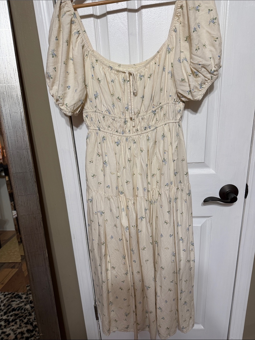 Storia Cream Midi Dress with Blue & Green Floral Print